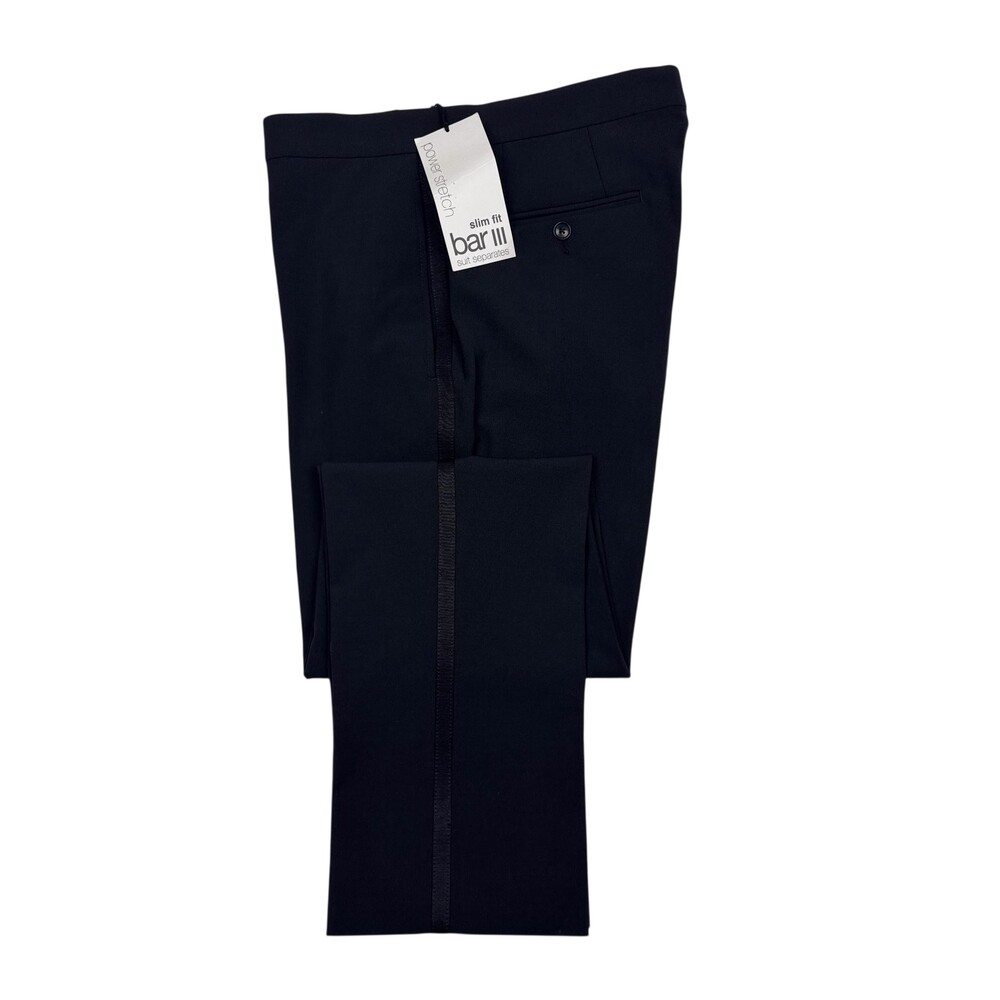 Bar III Tuxedo Suit Pants Mens 32x30 Black Slim Fit Stretch Wool Blend Dress